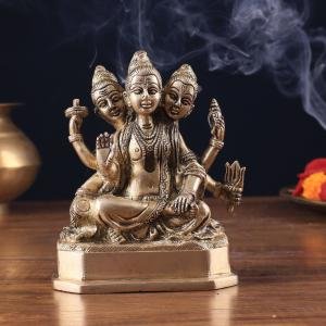 Pure Brass Trimurti Idol | 5" x 4.5" x 2.5" (13 x 11 x 6.5 cm) | 1.5 kg Sacred Art | Divine Trinity Brahma Vishnu Shiva Murti